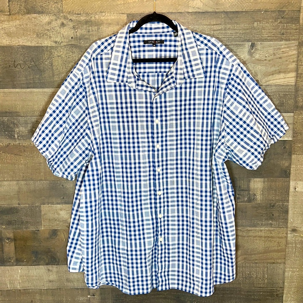 Blue And White Plaid Synrgy Button Down Short Sleeve Shirt